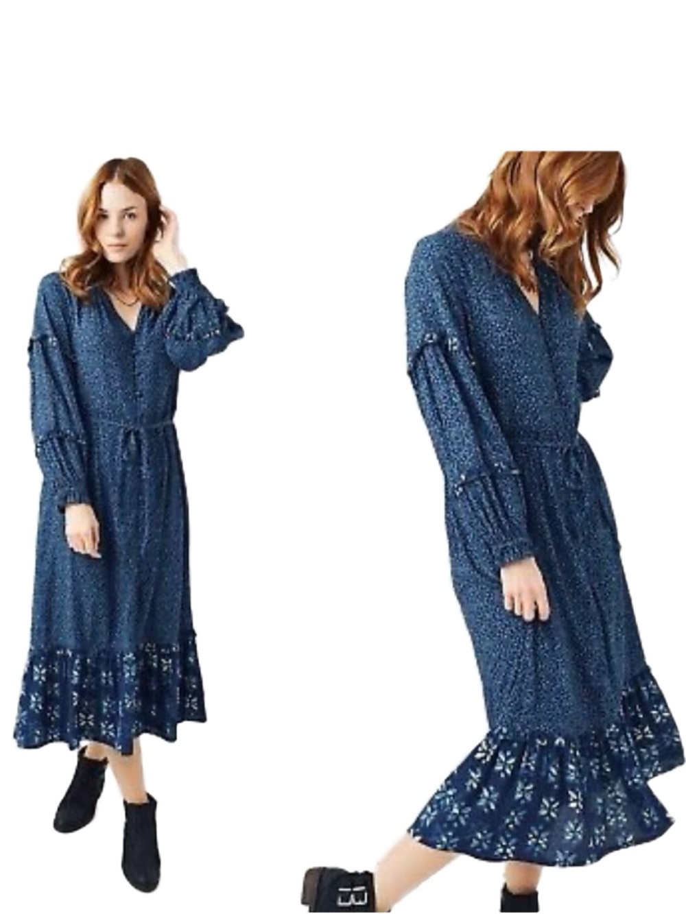 Fat Face Indigo Spotty Cora Woodblock Long Sleeve Midi Prairie Dress Ruffles 💙🤍